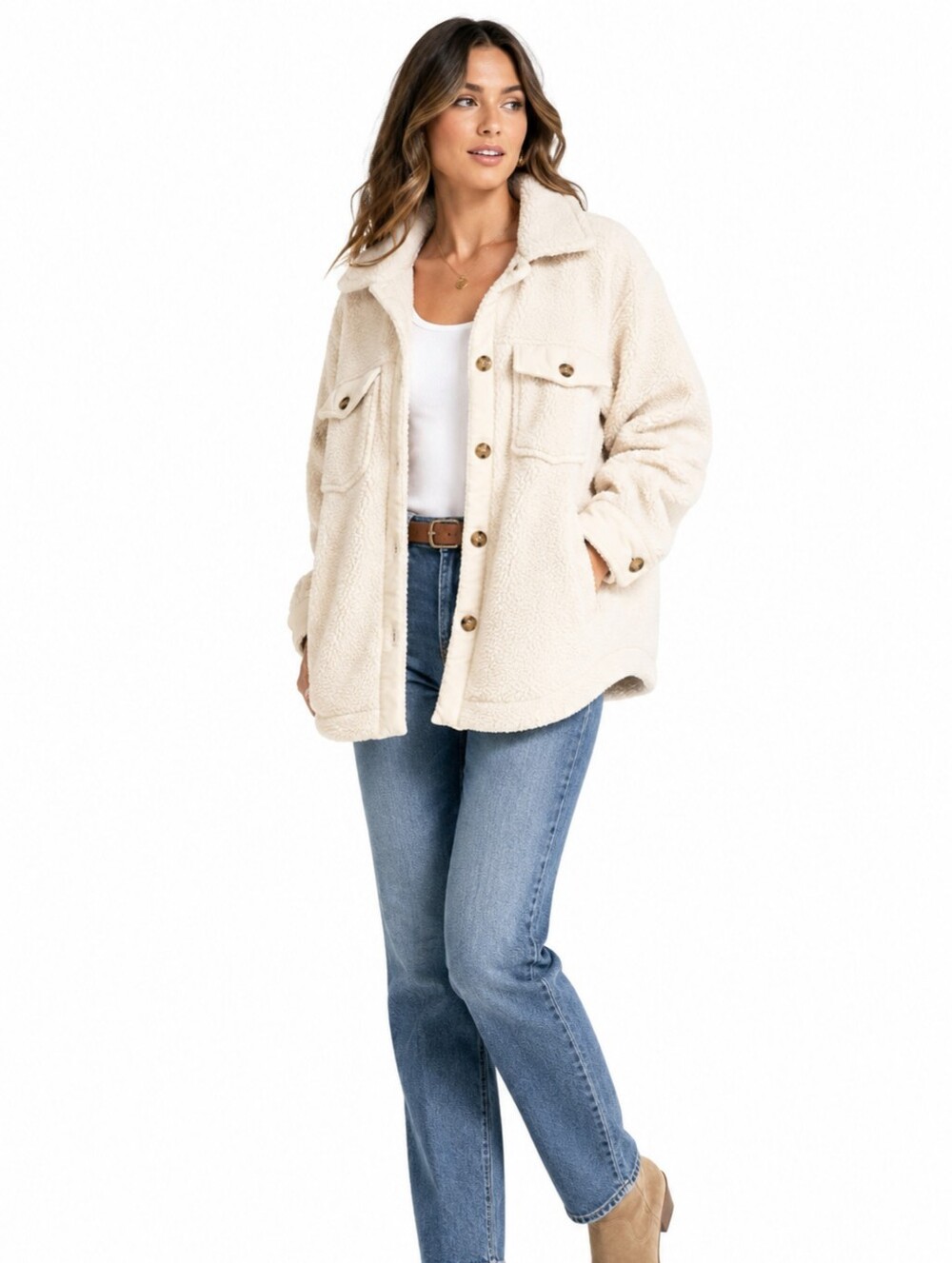 ZESICA Women’s XL Cream Sherpa Teddy Fleece Button Shacket Jacket